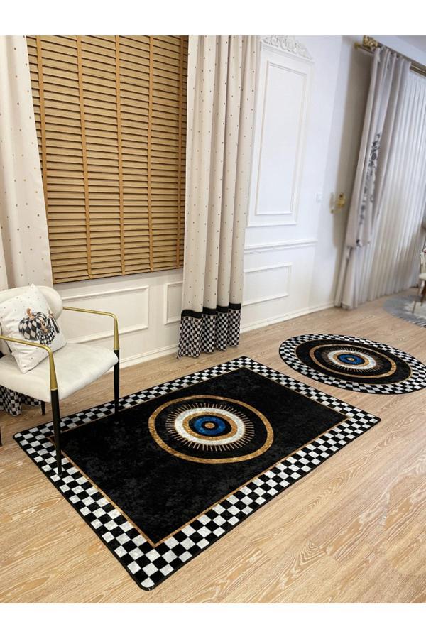 Brillant Damalı Nazar Boncuklu Deri Taban Dekoratif Halı - Image 1