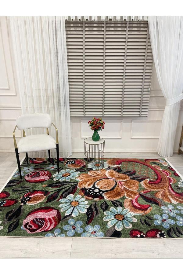 Brillant Yeşil Çiçek Desenli Floral Lateks Taban Halı - Image 1