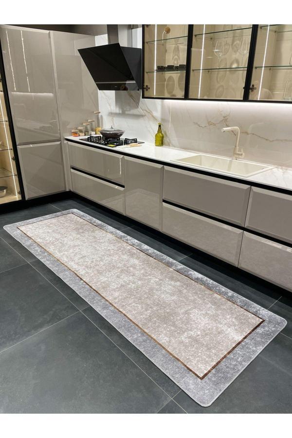 Brillant Düz Gri Renk Lateks Taban Mutfak Halısı - Image 1