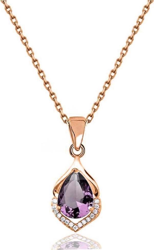 Brezza Lusso Rose Gold Ametist Taşlı Su Damlası Bayan Gümüş Kolye - Image 1