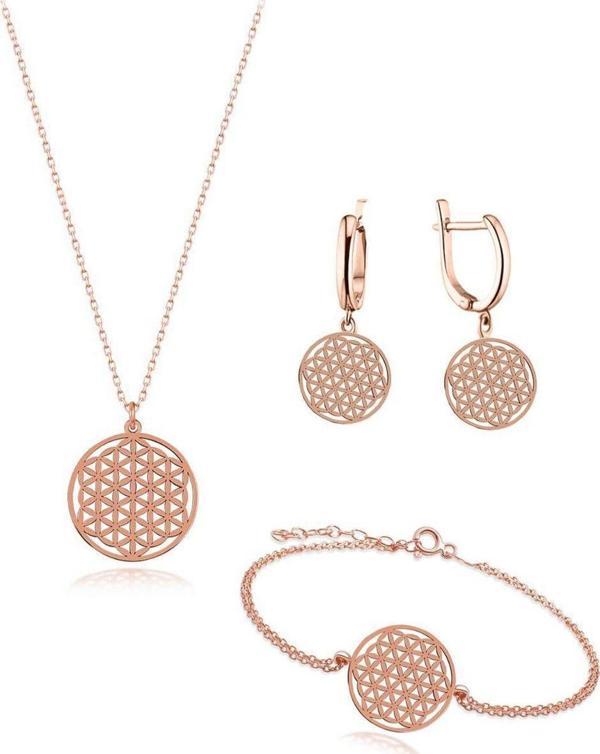 Brezza Lusso Rose Gold Gümüş Yaşam Çiçeği Bayan Kolye Küpe Bileklik Seti - Image 1