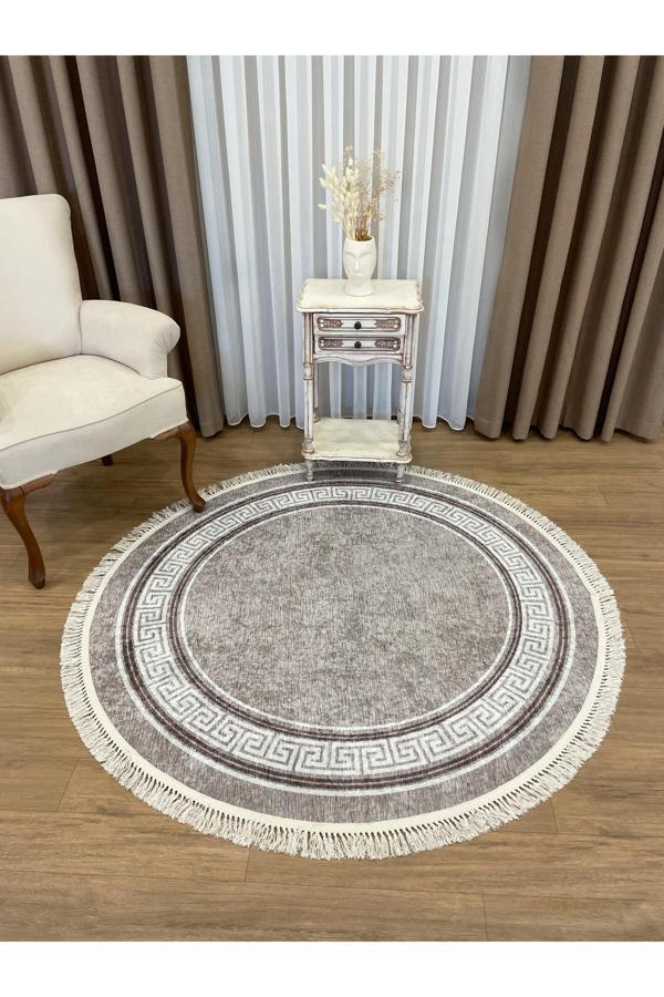 Brillant Kahve Vizon Daire Bordürlü Lateks Taban Saçaklı  Halı - Image 1