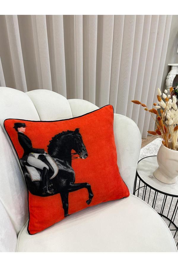 Brillant At Desenli Biyeli Kırlent Kılıfı 45X45 - Turuncu - Image 1