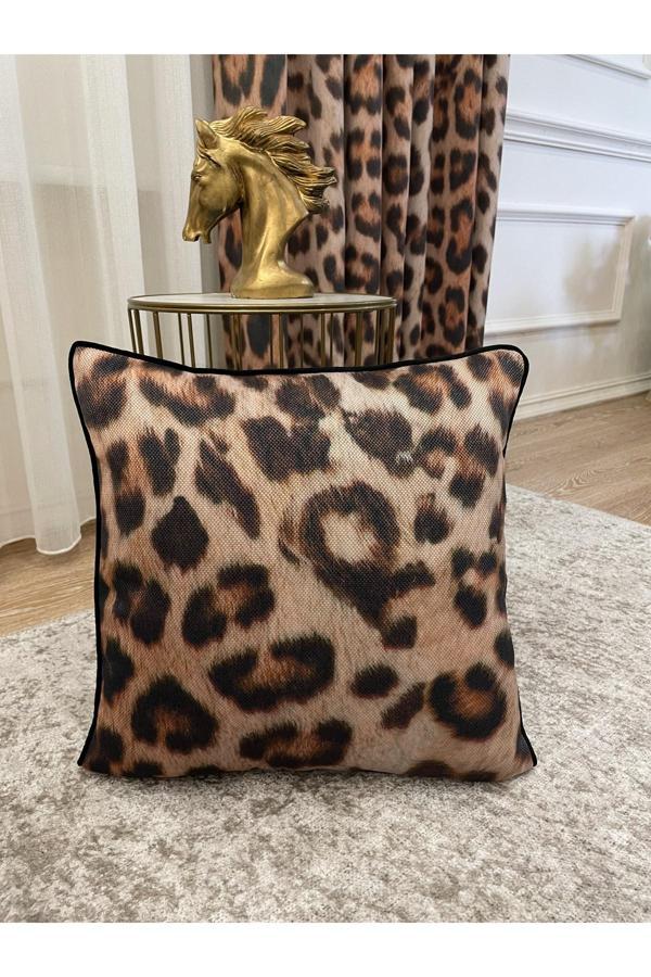 Brillant Leopar Desenli Keten Görünümlü Biyeli Kırlent Kılıfı 45X45 - Image 1