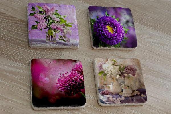 Mor Çiçekler Doğal Taş Bardak Altlığı 4'lü set - Natural Stone Coasters - Image 1