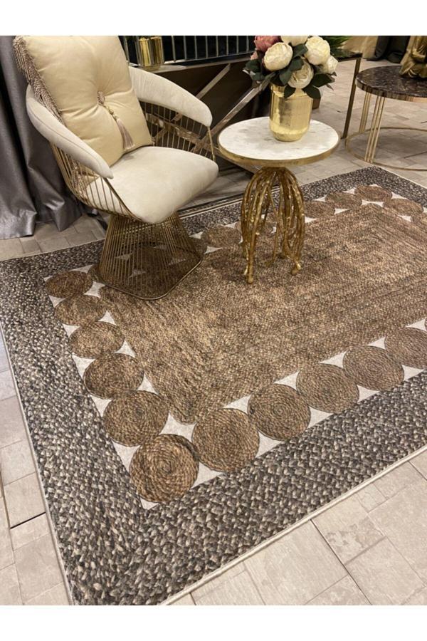 Brillant Hasır Jüt Görünümlü 3D Renkli Lateks Deri Taban Su Geçirmez Leke Tutmaz Halı - Image 1