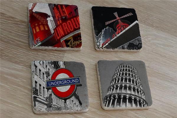 Moulin Rouge Pisa Kulesi ve Londra Metro Girişi Doğal Taş Bardak Altlığı 4'lü set - Natural Stone Coasters - Image 1