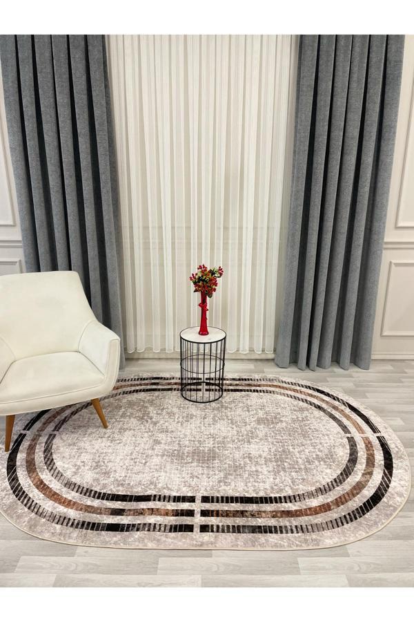 Brillant Bej Renk Çizgi Desenli Kaymaz Taban Çerçeveli Halı - Image 1