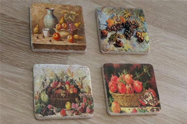 Natürmort Meyveler Doğal Taş Bardak Altlığı 4'lü set - Natural Stone Coasters - Image 1