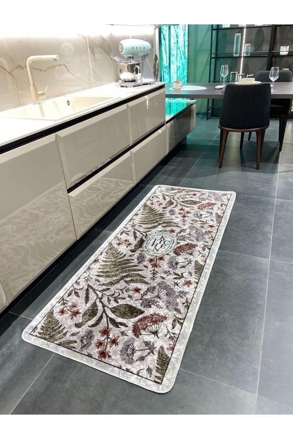 Brillant Çiçek Desenli Lateks Deri Taban Kitchen Mutfak Halısı Gri - Image 1
