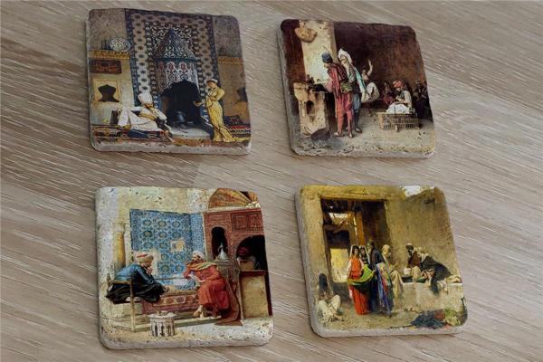 Oryantal Satranç Oynayanlar Kahveci ve Sultan Süleyman Doğal Taş Bardak Altlığı 4'lü set - Natural Stone Coasters - Image 1