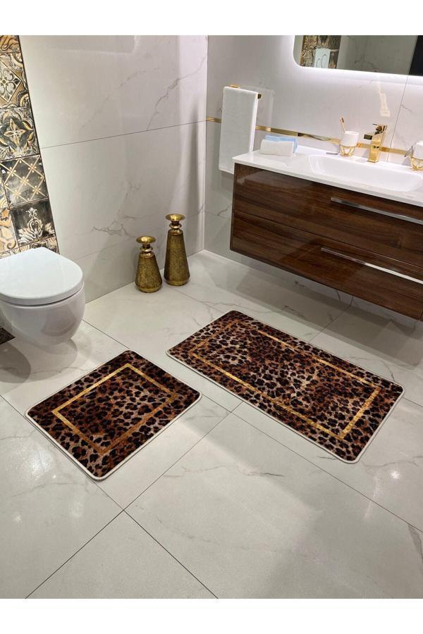 Brillant Leopar Desenli 2'Li Kaymaz Taban Banyo Paspas Takımı (60X100 - 60X50) - Image 1