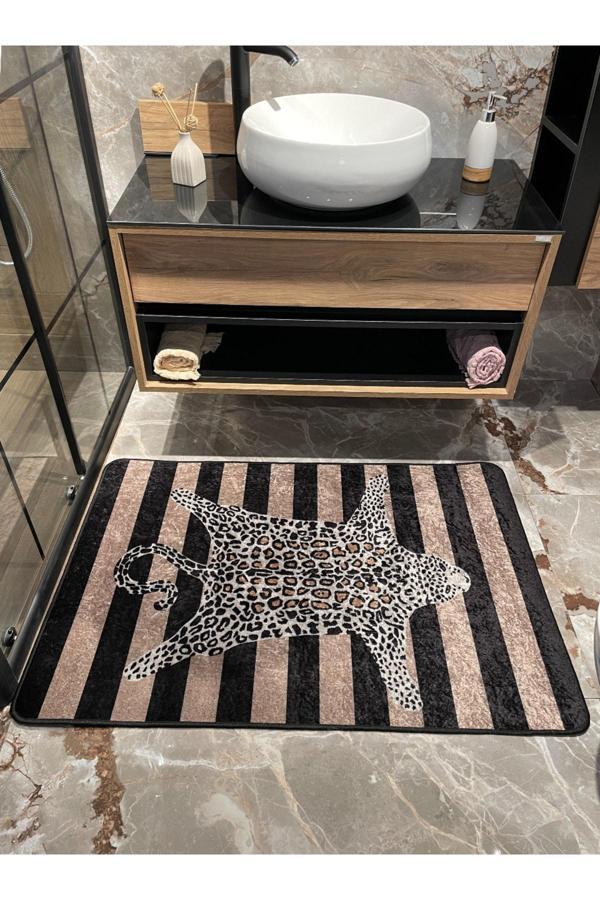 Brillant Leopar Desen Çizgili Tekli Banyo Paspası - Bej-Kahverengi Ebat (60X100) - Image 1