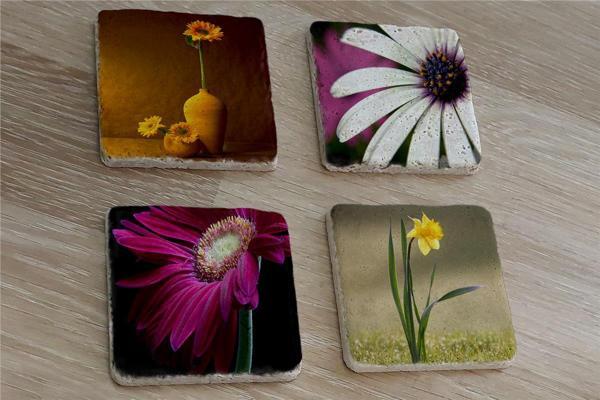 Papatya ve Çiçekler Doğal Taş Bardak Altlığı 4'lü set - Natural Stone Coasters - Image 1