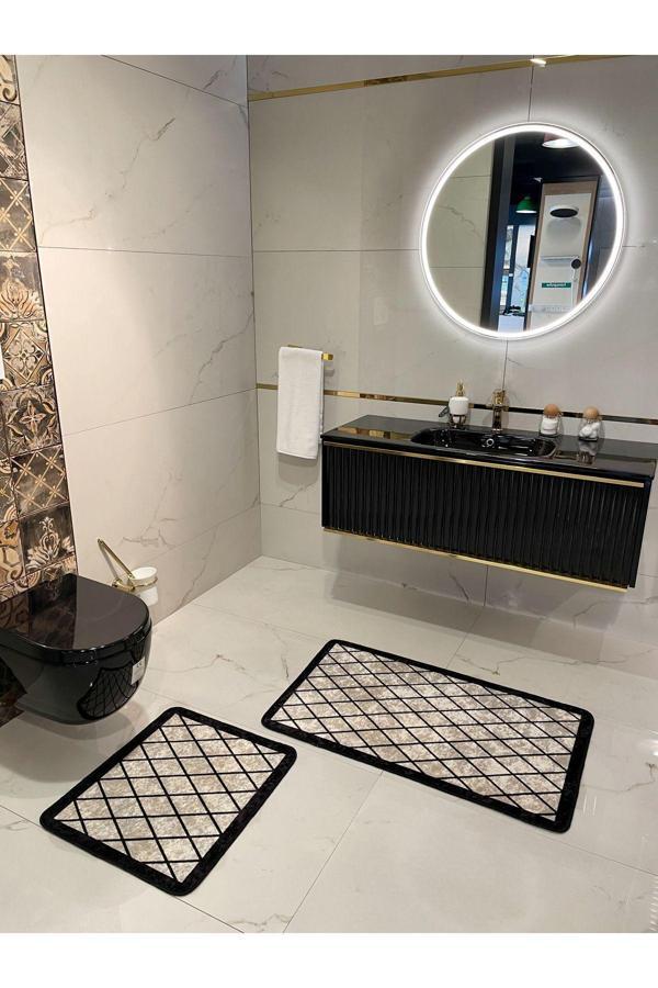 Brillant 2 Li Geometrik Desen 60X100 - 60X50 Lateks Taban Banyo Paspas - Bej-Siyah - Image 1