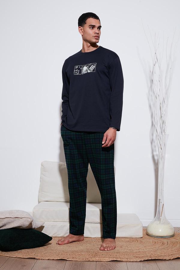 Buratti Ekoseli Pamuklu Regular Fit Yüksek Bel Bisiklet Yaka Erkek Pijama Takımı 6574000 LACİVERT - Image 1