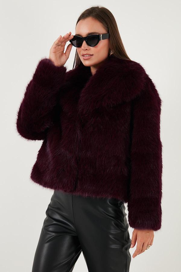 Lela Oversize Fit Gömlek Yaka Cepli Astarlı  Mont Bayan Kürk 497BERRY BORDO - Image 1