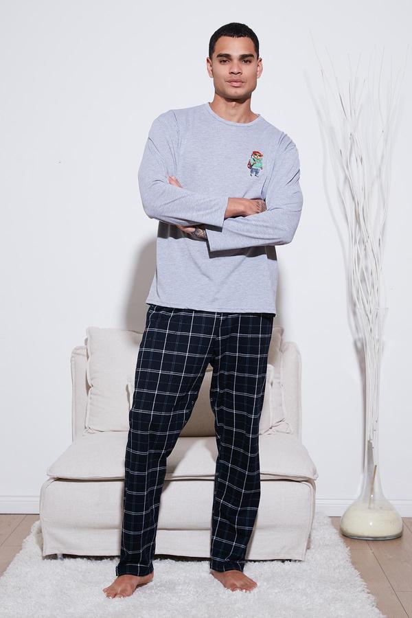 Buratti Ekoseli Regular Fit Yüksek Bel Cepli Bisiklet Yaka Erkek Pijama Takımı 6574002 GRİ - Image 1