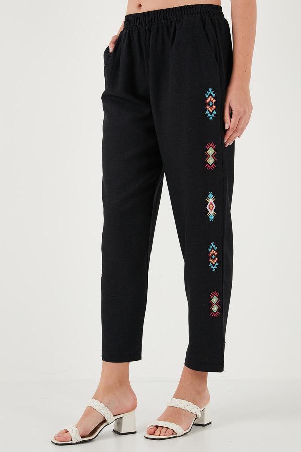 Lela Bohem İşlemeli Keten ve Pamuk Karışımlı Şalvar Bayan Pantolon 5865050 SİYAH - Image 1