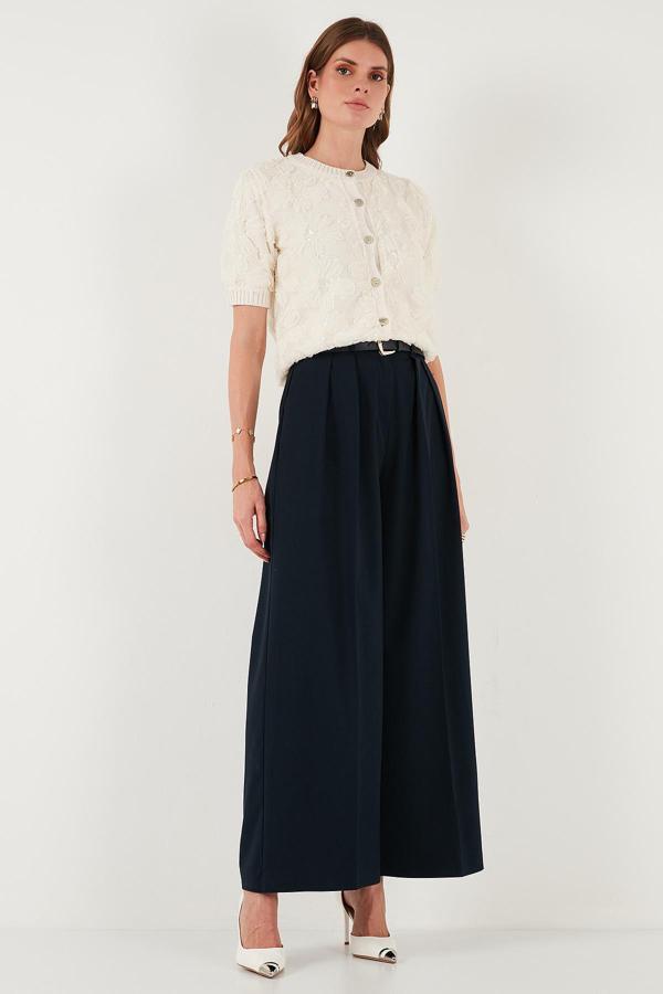 Lela Pileli Wide Leg Yüksek Bel Geniş Paça Kemerli Palazzo Bayan Pantolon 68351070 LACİVERT - Image 1