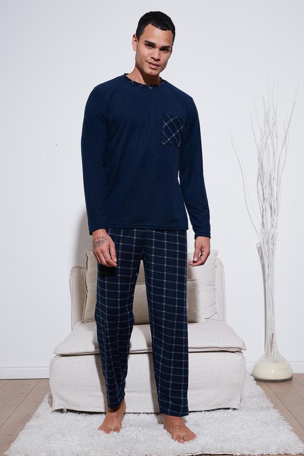 Buratti Kareli Yumuşak Dokulu Regular Fit Uzun Kollu Erkek Pijama Takımı 609611060 LACİVERT - Image 1