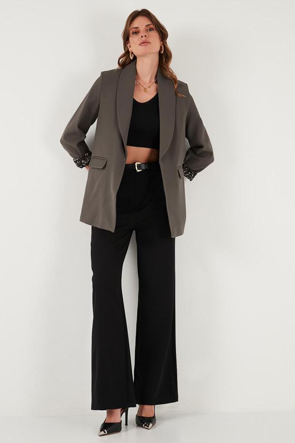 Lela Regular Fit Klasik Yaka Desenli Astar Detaylı Blazer Bayan Ceket 6839227 KAHVE - Image 1