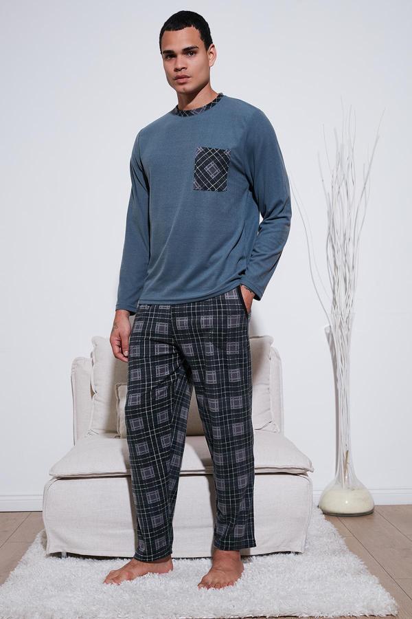 Buratti Kareli Yumuşak Dokulu Regular Fit Uzun Kollu Erkek Pijama Takımı 609611060 GRİ - Image 1