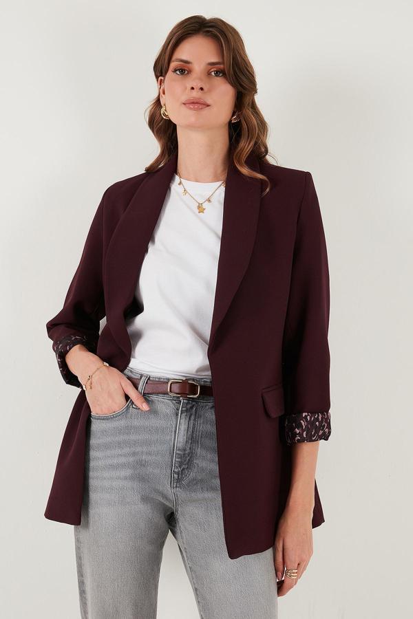 Lela Regular Fit Klasik Yaka Desenli Astar Detaylı Blazer Bayan Ceket 6839227 MÜRDÜM - Image 1