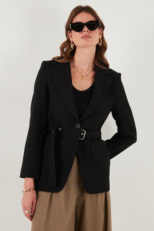 Lela Regular Fit Kruvaze Yaka Kemerli Blazer Bayan Ceket 6839367 SİYAH - Image 1
