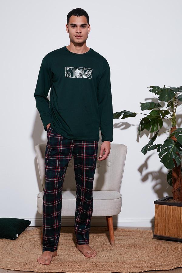 Buratti Ekoseli Pamuklu Regular Fit Yüksek Bel Bisiklet Yaka Erkek Pijama Takımı 6574000 YEŞİL - Image 1