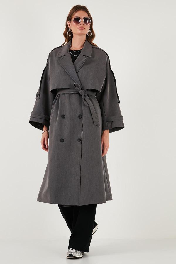 Lela Oversize Fit Kruvaze Yaka Düğmeli Kemerli Uzun Bayan Trençkot 6839476 ANTRASİT - Image 1