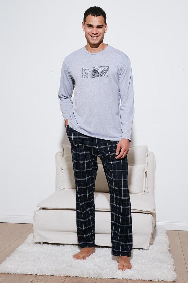 Buratti Ekoseli Pamuklu Regular Fit Yüksek Bel Bisiklet Yaka Erkek Pijama Takımı 6574000 GRİ - Image 1