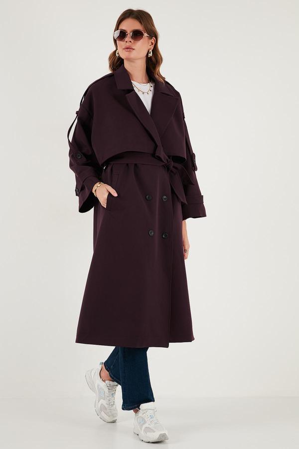 Lela Oversize Fit Kruvaze Yaka Düğmeli Kemerli Uzun Bayan Trençkot 6839476 MÜRDÜM - Image 1