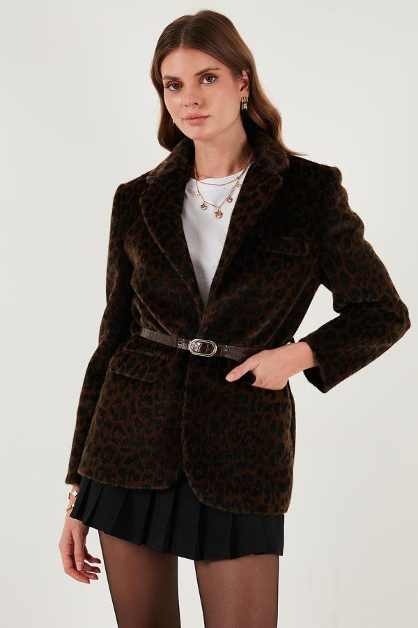 Lela Leopar Desenli Regular Fit Kemer Detaylı Peluş Dokulu Blazer Bayan Ceket 6839614 KAHVE - Image 1