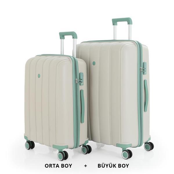 MÇS Bavul Büyük ve Orta 2li Set Kırılmaz Silikon Valiz V305 Kemik/SuYeşili - Image 1
