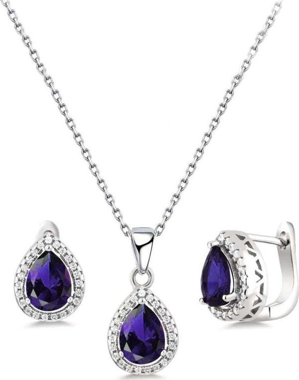 Brezza Lusso Damla Model Safir Mavisi Zirkon Taşlı Gümüş Bayan Kolye Küpe Seti - Image 1