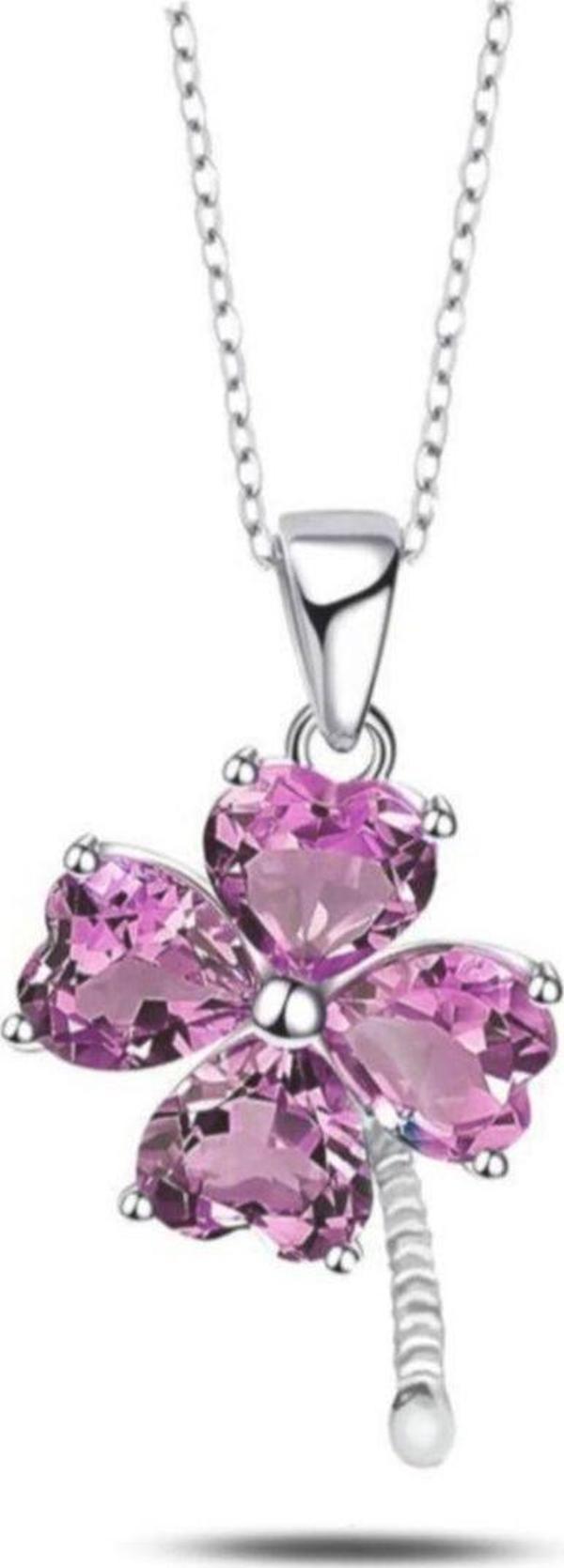 Brezza Lusso Mor Taşlı Minik Dört Yaprak Yonca Bayan Gümüş Kolye - Image 1