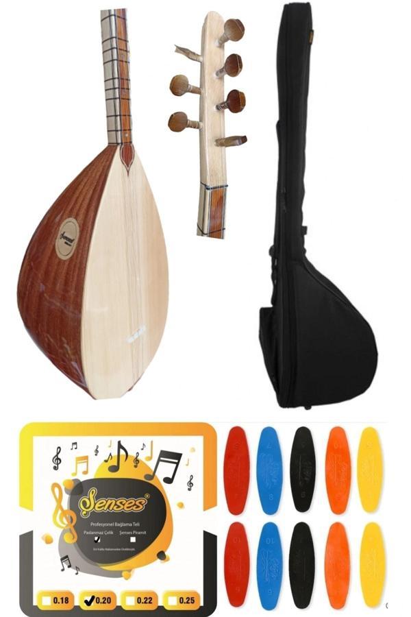Şenses Müzik Market 40 Tekne Yaprak Maun Cihaz Girişli Pro Uzun Sap Bağlama - Petli Kılıf - Tel - Tezene 4'Lü Set - Image 1