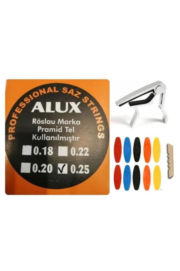 Alux 0.25 Divan Bağlama Piramit Tel Seti + Metal Kelepçe + 10 Adet Numaralı Tezene+Eşik - Image 1