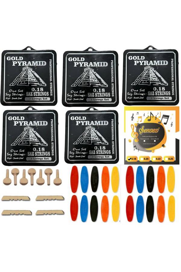 Şenses Müzik Market Gold 0 18 Kısa Bağlama Takım Teli 6 Takım + 7 Ağaç Burgu + 20 Adet Tezene + 4 Eşik - Image 1