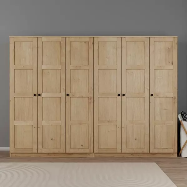 Lucas 6 Kapaklı, 12 Raf Bölmeli, Askılıklı Geniş Elbise Dolabı, Gardırop, Safir Meşe 190*270 - Image 1