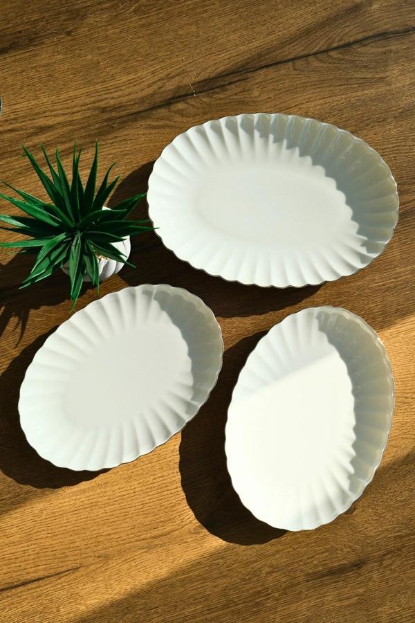 Kütahya Porselen Bone Luz Form Kayık Tabak Seti Platin 3 Parça - Image 1