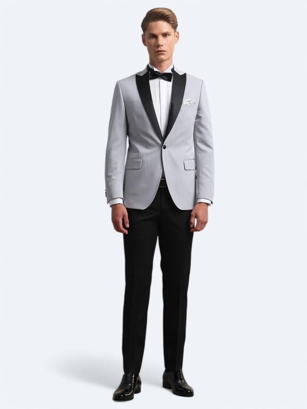 Açık Gri Slim Fit Kelebek Yaka Dokuma Smokin Takım Elbise - Image 1