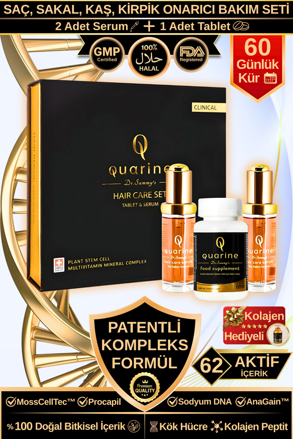 Dr. Sammy's Quarine 2 Aylık Saç Bakım Seti (2 Serum+1 Multivitamin) Dökülme ve yıpranma Karşıtı Bitkisel Kök Hücre Ekstratları, Vitamin, Mineral İçeren Saç, Sakal, Kaş ve Kirpik Onarıcı Premium Set - Image 1