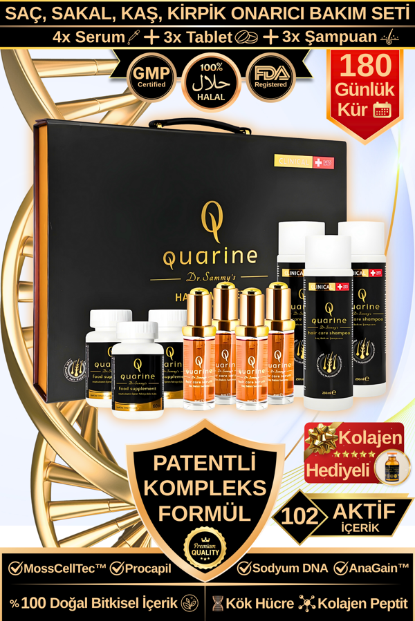 Dr. Sammy's Quarine 6 Aylık Premium Çanta Set (4 Serum+3 Tablet+3 Şampuan) Dökülmelere Karşı Bitkisel Kök Hücre Ekstratları, Vitamin ve Mineral İçeren Onarıcı Tırnak ve Saç Bakım Seti - Image 1