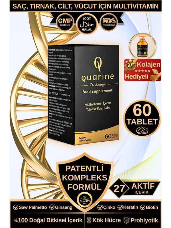Dr. Sammy's Quarine Saç, Tırnak, Cilt ve Vücut Vitamini (60 Tablet) Dökülme ve Yıpranma Karşıtı Keratin, Biotin, Bitkisel Kök Hücre Extratları,Ginseng ve Multivitamin İçeren Diyet Takviyesi - Image 1