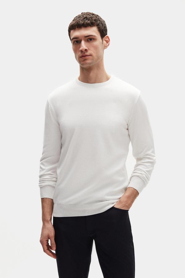 Regular Fit Ekru Tüylenme Yapmayan Bisiklet Yaka Pamuklu Triko Kazak - Image 1