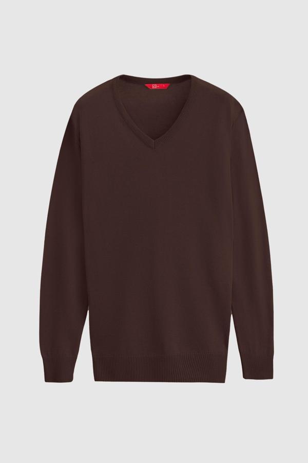 Ds Damat Regular Fit Kahverengi Düz V Yaka Triko Kazak - Image 1
