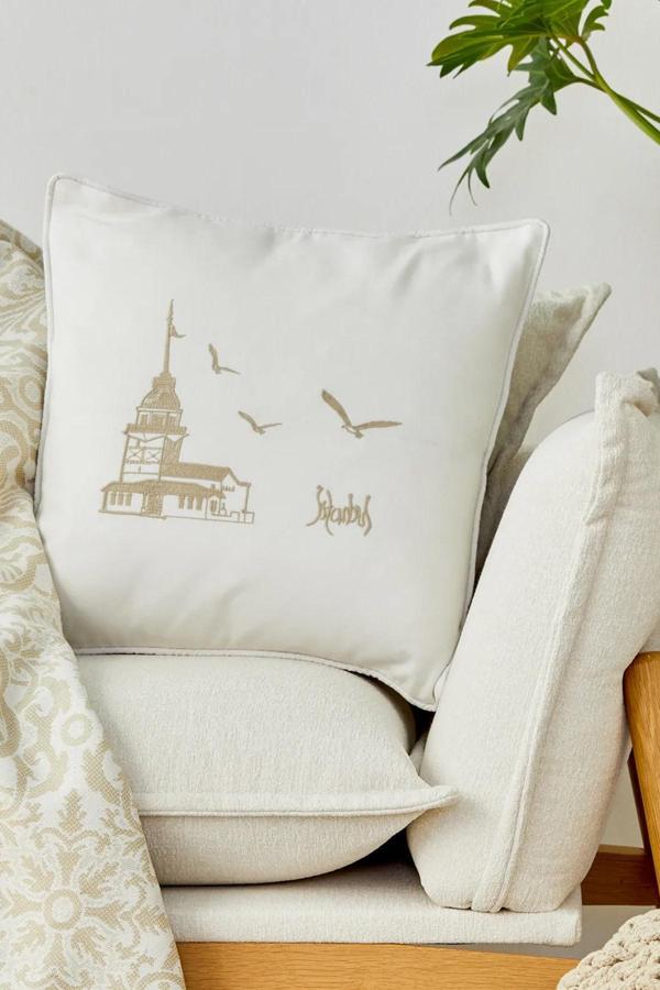 Karaca Home Kız Kulesi Bej Throw Kırlent Set - Image 1
