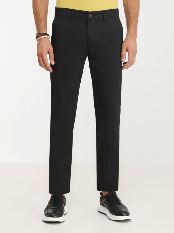 Siyah Düz Dokuma Slim Fit Casual Pamuk Karışımlı Pantolon - Image 1